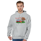 Man wearing a gray hoodie from the Love Collection with a graphic design on a white background