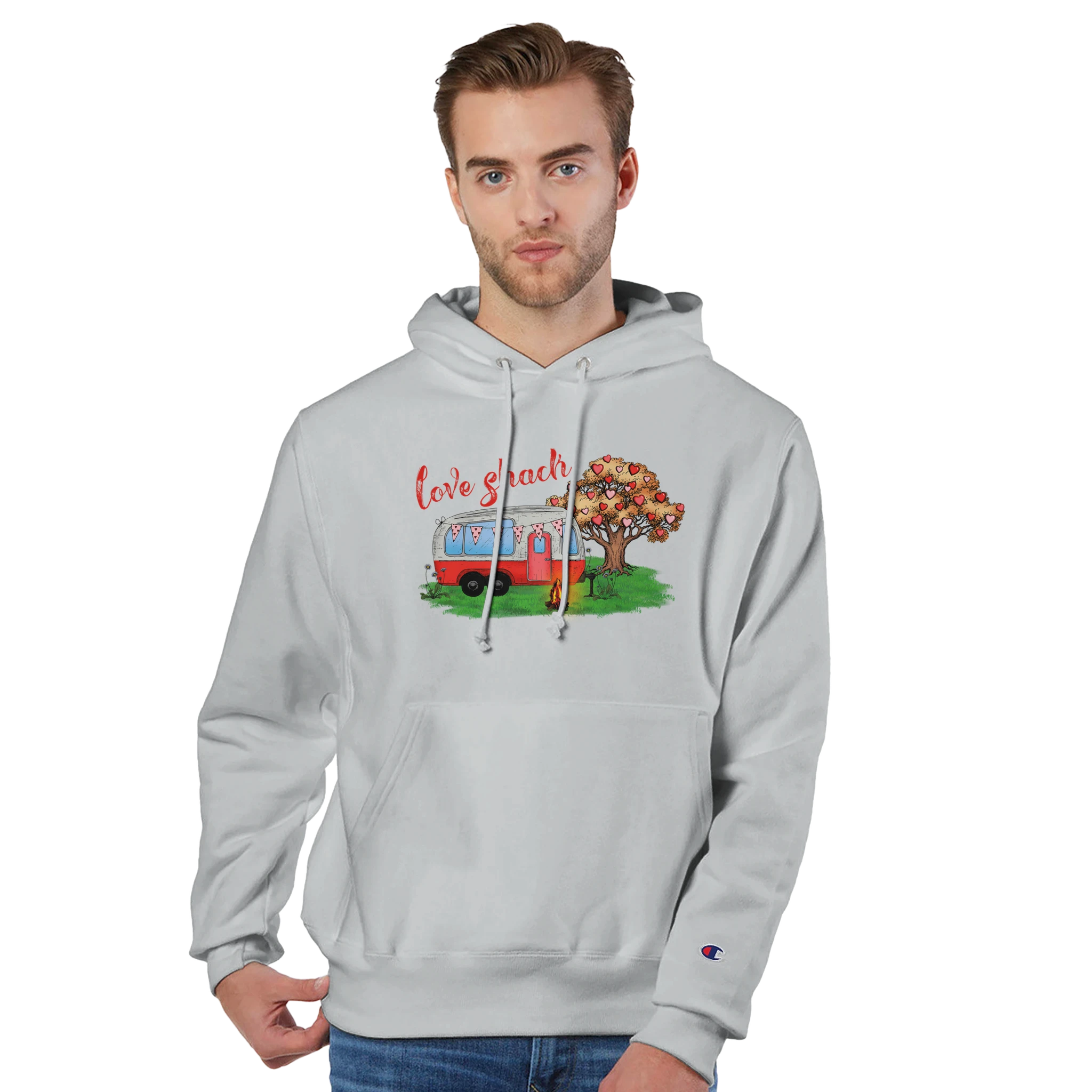 Man wearing a gray hoodie from the Love Collection with a graphic design on a white background