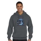 Man wearing a gray hoodie with a Road Trip mountain design and text on a white background