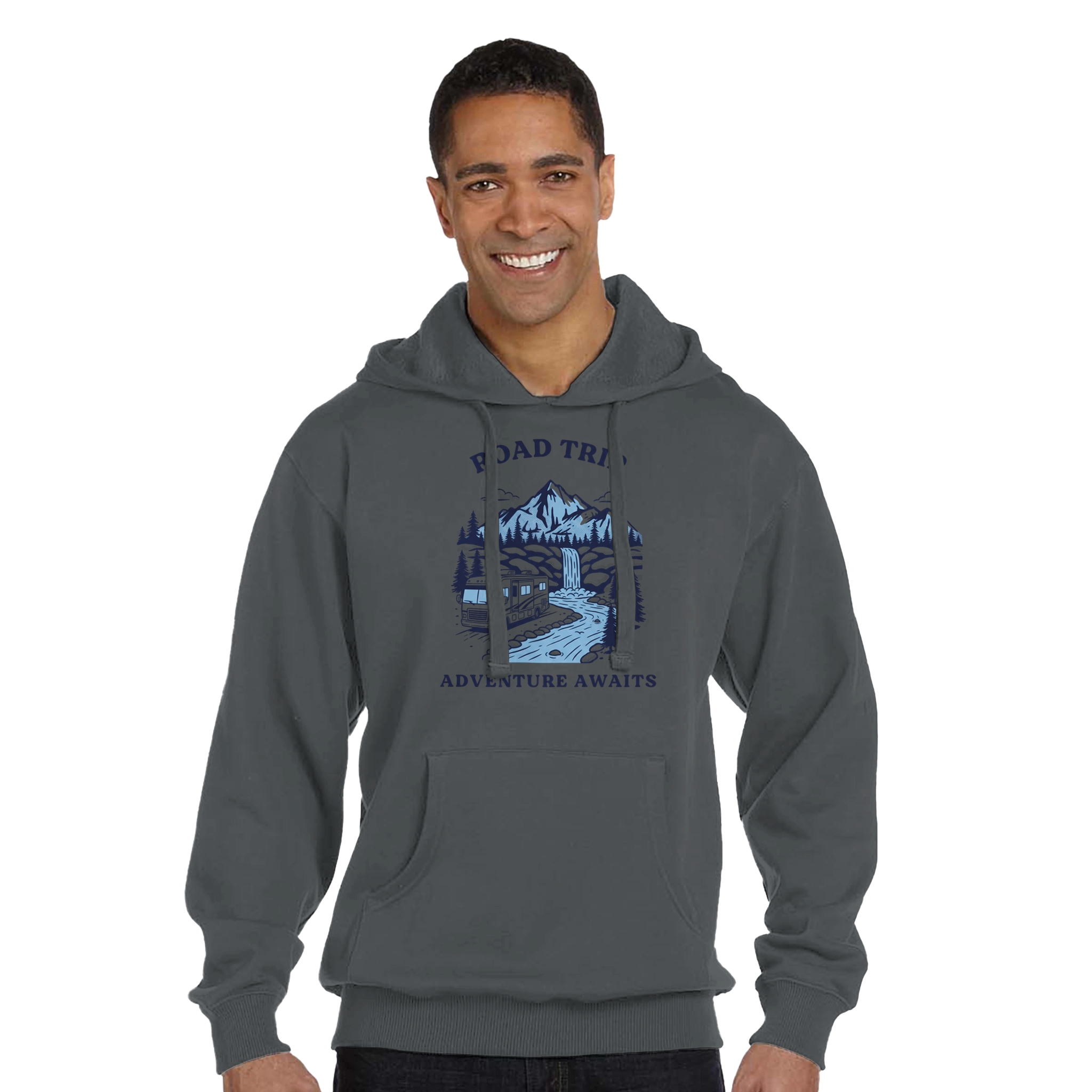 Man wearing a gray hoodie with a Road Trip mountain design and text on a white background
