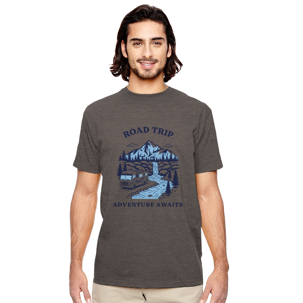 Man wearing a gray t-shirt with 'Road Trip Adventure Awaits' graphic design on a white background