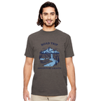 Man wearing a gray t-shirt with 'Road Trip Adventure Awaits' graphic design on a white background