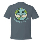 Gray t-shirt with a graphic of a smiling Earth and 'Wildly Free' text on the back.