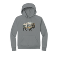 Bison silhouette filled with a Yellowstone-inspired geyser, evergreen forest, open wilderness, and mountain landscape printed on a grey organic fleece pullover hoodie.