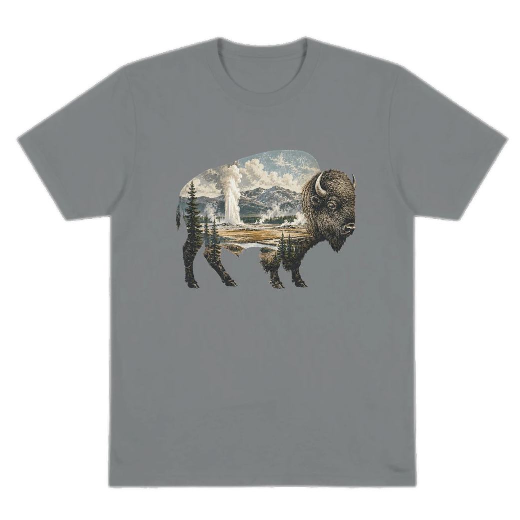 Grey graphic tee with Yellowstone pictured within the silhouette of a bison