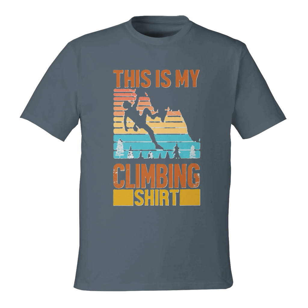 Grey-tone eco-friendly climbing t-shirt laid flat with vintage rock climber graphic made from recycled cotton