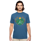 Man wearing a blue Hike Yeah t-shirt with a nature-themed graphic and 'Hike Yeah' text on a white background
