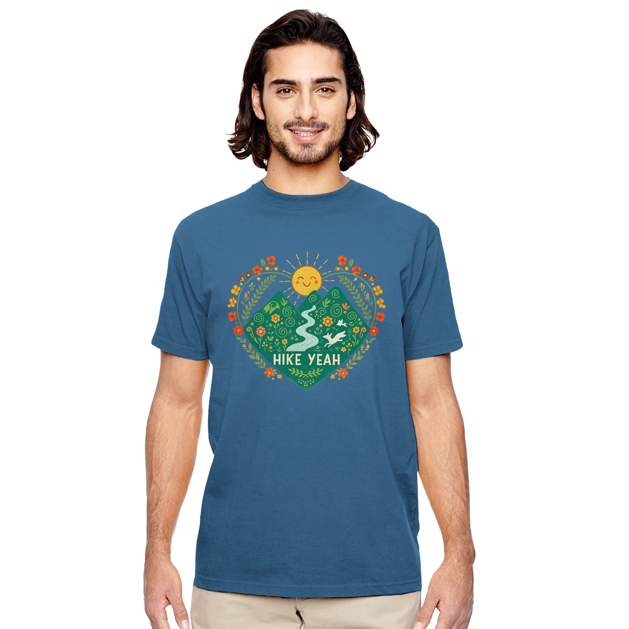 Man wearing a blue Hike Yeah t-shirt with a nature-themed graphic and 'Hike Yeah' text on a white background