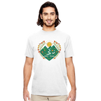 Man wearing a Hike Yeah white t-shirt with a nature-themed graphic design on a white background