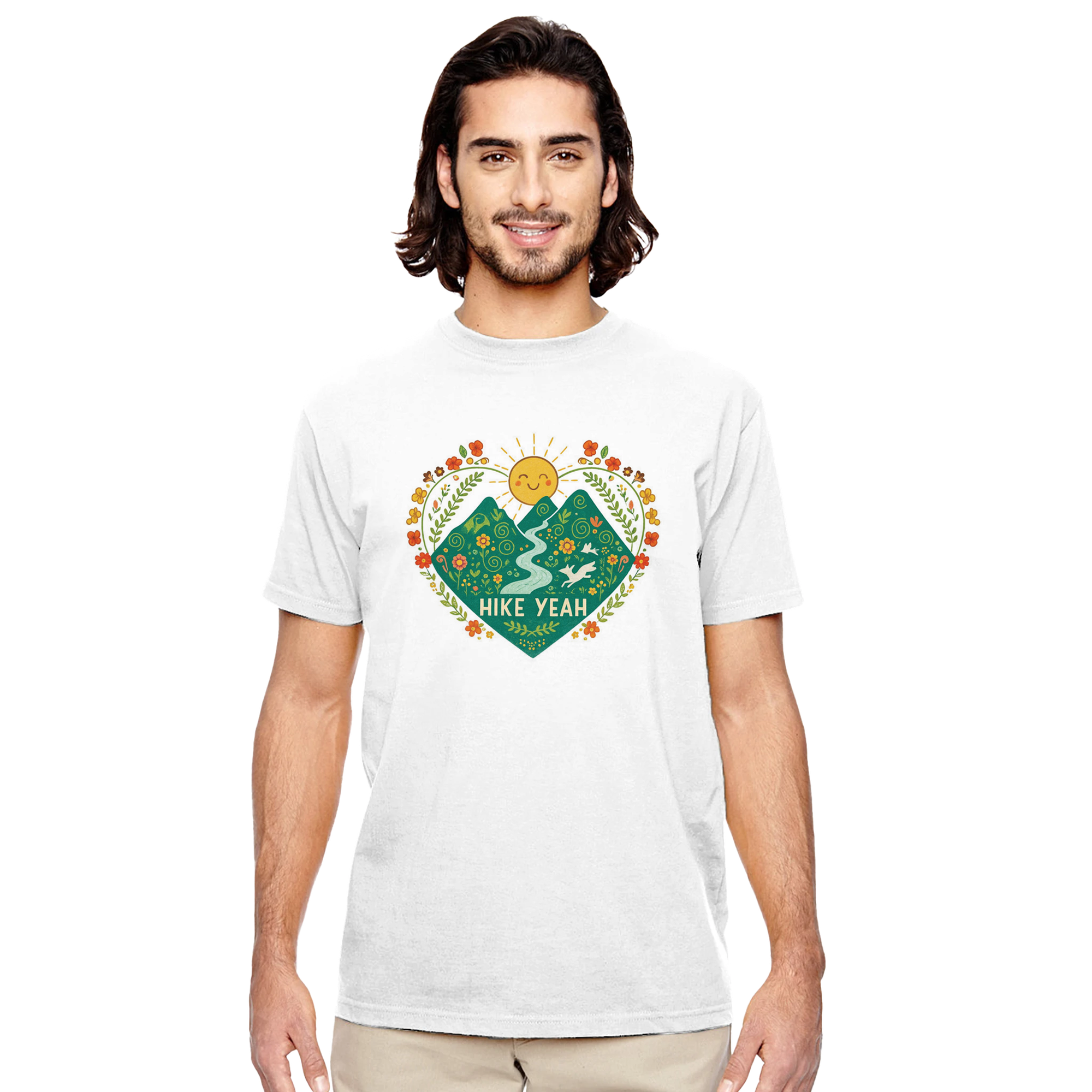 Man wearing a Hike Yeah white t-shirt with a nature-themed graphic design on a white background