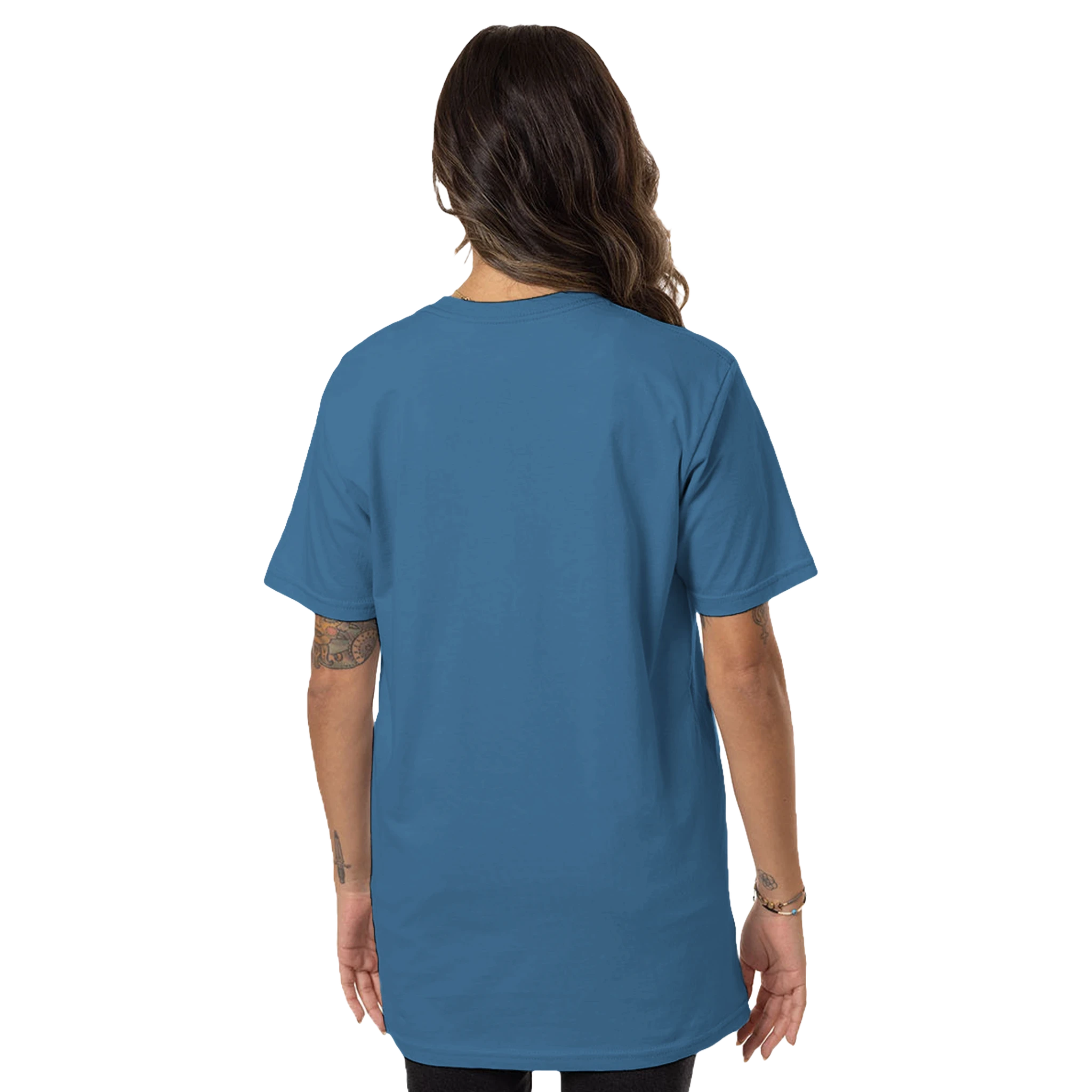Person wearing a blue t-shirt on a white background