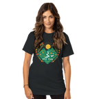 Woman wearing a Hike Yeah black t-shirt with a colorful graphic design on a white background