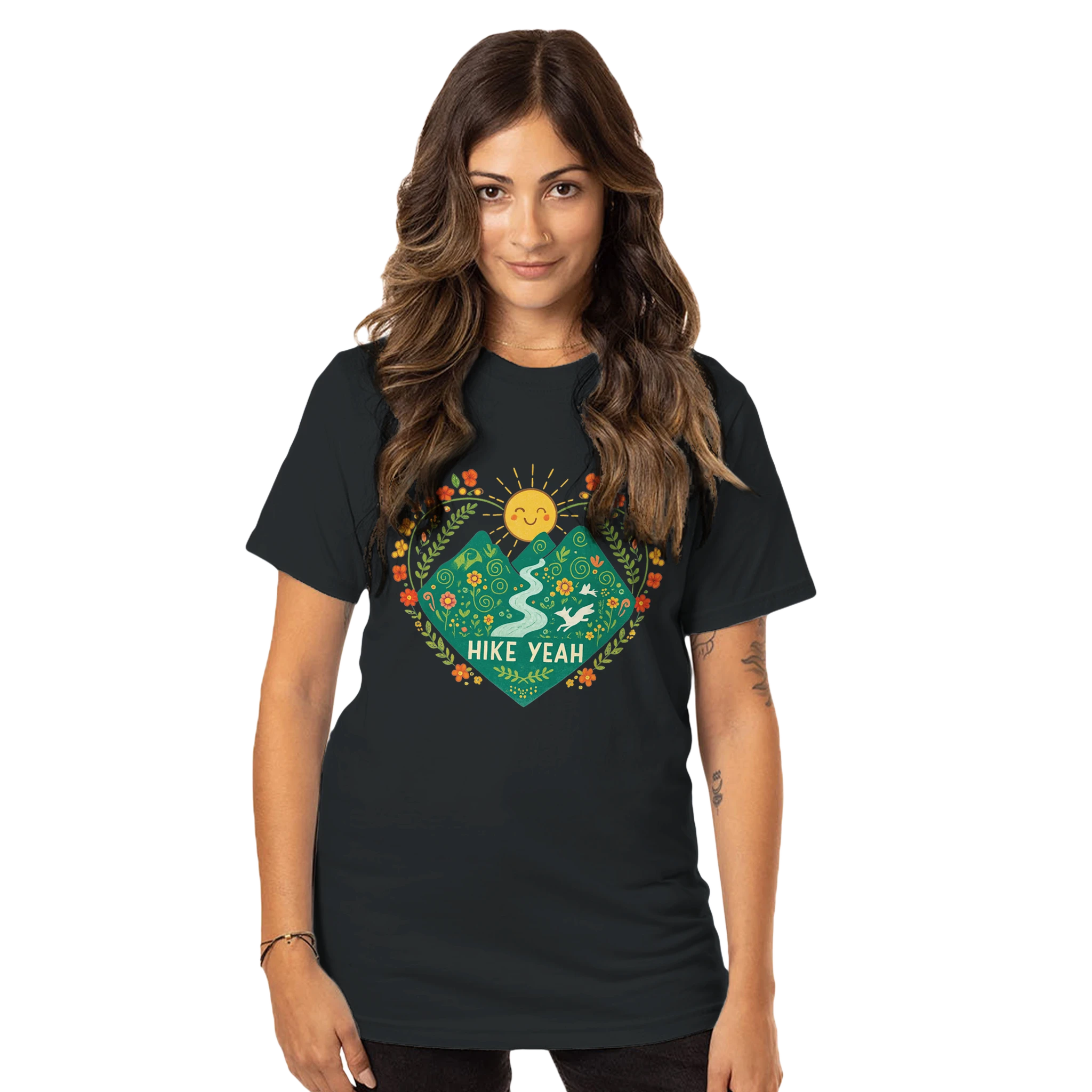 Woman wearing a Hike Yeah black t-shirt with a colorful graphic design on a white background