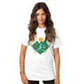 Woman wearing a white Hike Yeah t-shirt with a nature-themed design and 'Hike Yeah' text.