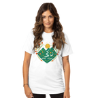 Woman wearing a white Hike Yeah t-shirt with a nature-themed design and 'Hike Yeah' text.