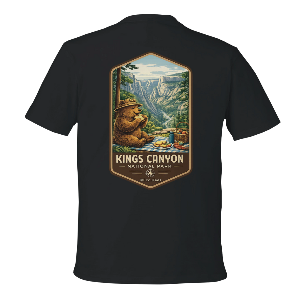 Black t-shirt with Kings Canyon National Park graphic on a white background