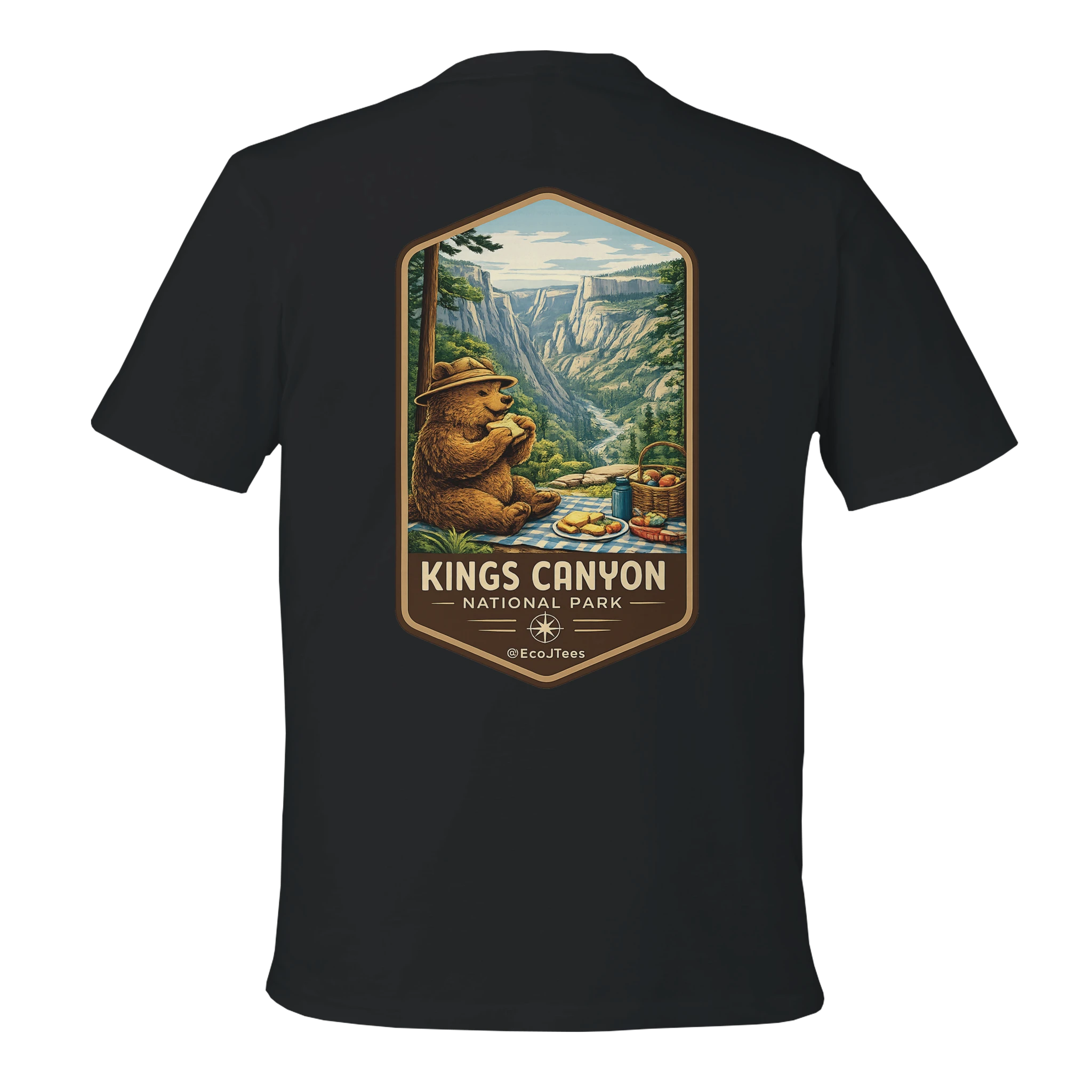 Black t-shirt with Kings Canyon National Park graphic on a white background