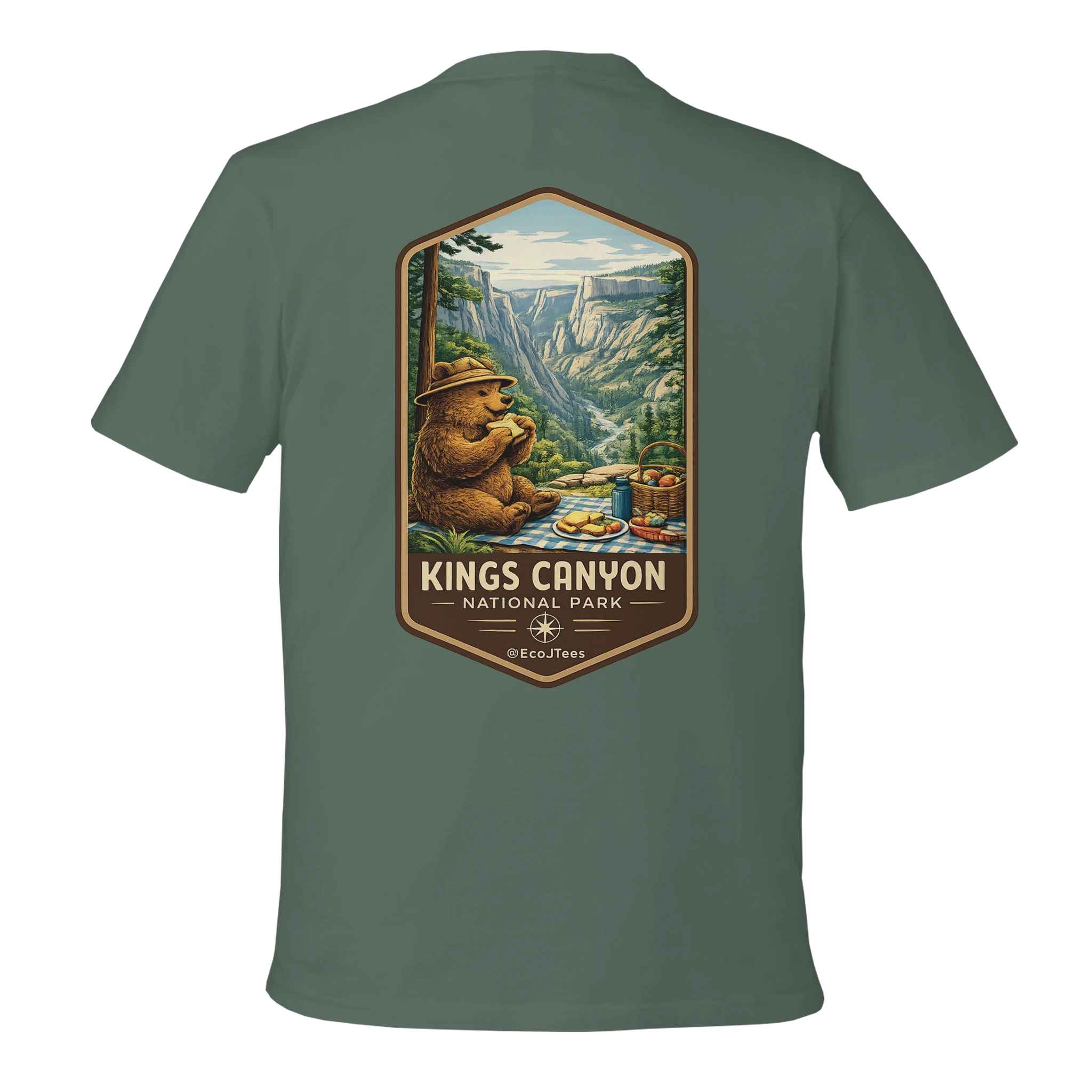 Green t-shirt with Kings Canyon National Park graphic on a white background