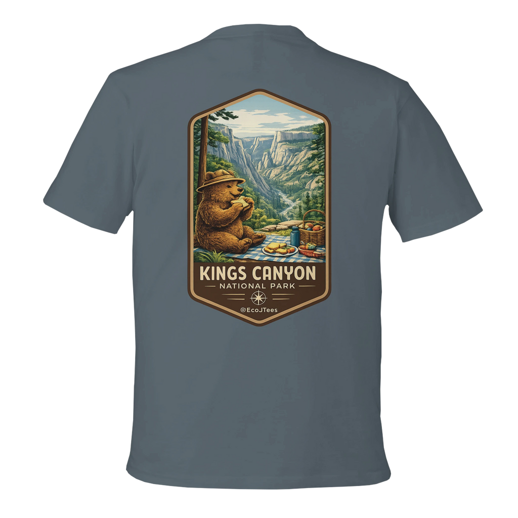 Gray t-shirt with a bear and landscape graphic on the back, featuring 'Kings Canyon National Park'.