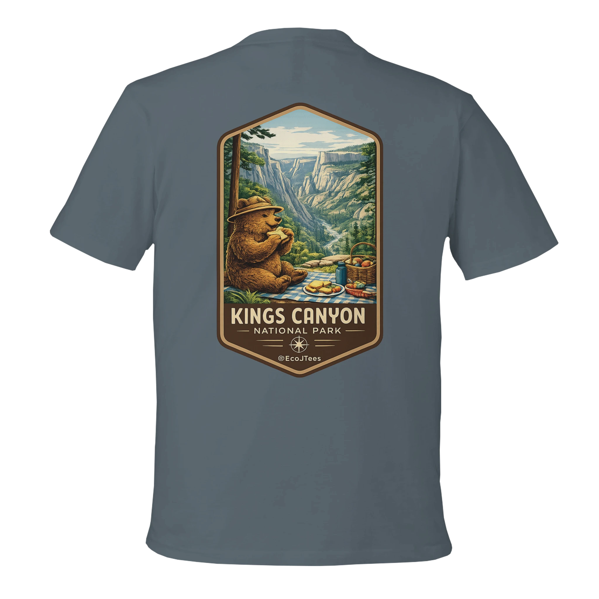 Gray t-shirt with a bear and landscape graphic on the back, featuring 'Kings Canyon National Park'.