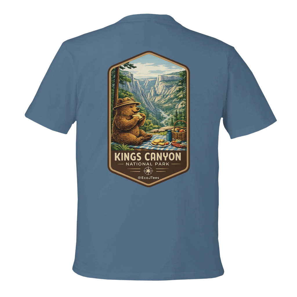 Blue t-shirt with a bear and mountain graphic on the back, featuring 'Kings Canyon National Park' text.