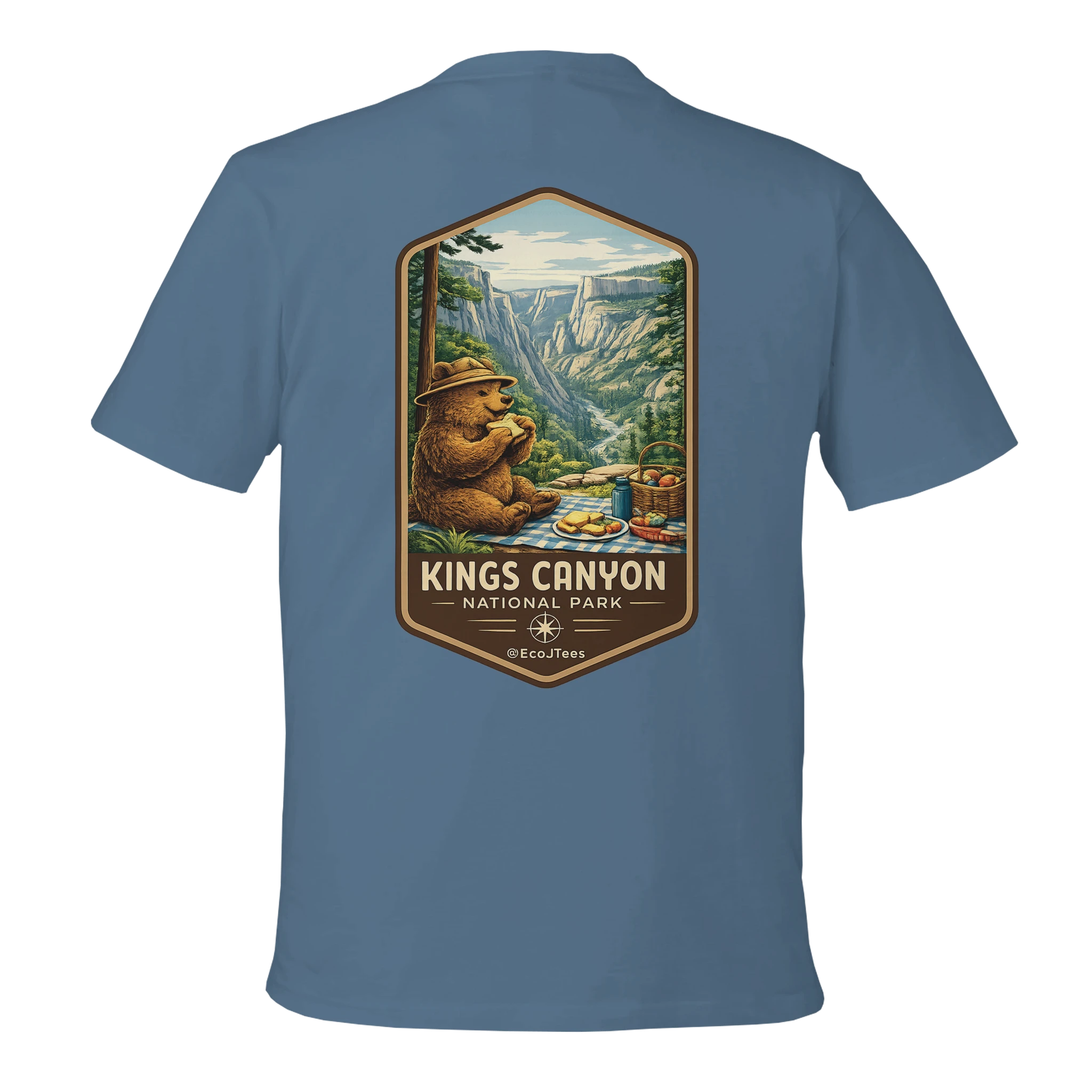 Blue t-shirt with a bear and mountain graphic on the back, featuring 'Kings Canyon National Park' text.