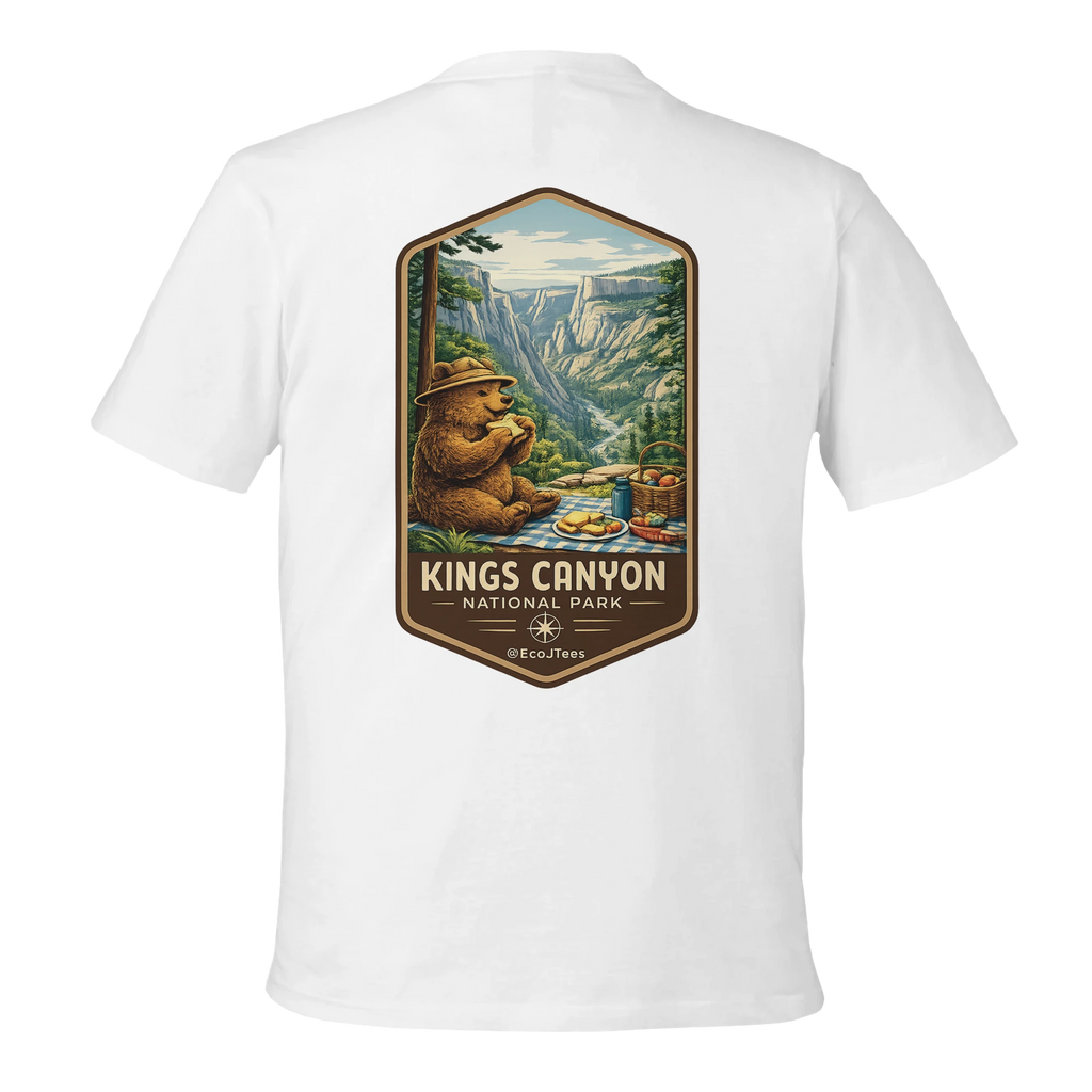 White t-shirt with Kings Canyon National Park graphic on a white background
