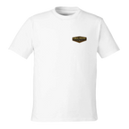 White t-shirt front with a small logo on a white background