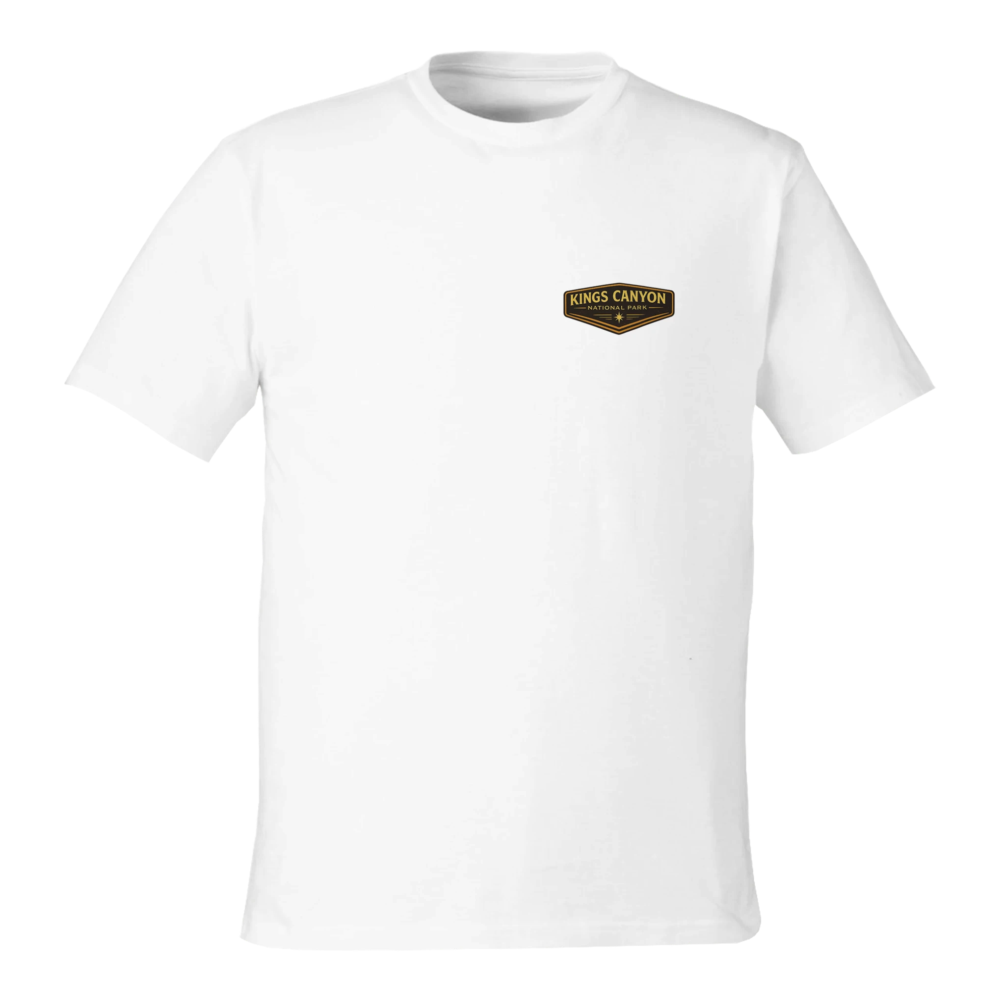 White t-shirt front with a small logo on a white background