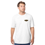 Man wearing a white t-shirt with a logo on a white background
