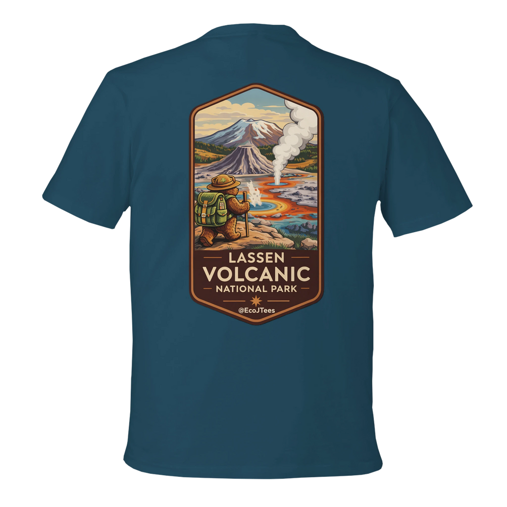 Blue t-shirt with Lassen Volcanic National Park graphic on a white background