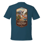 Blue t-shirt with Lassen Volcanic National Park graphic on a white background