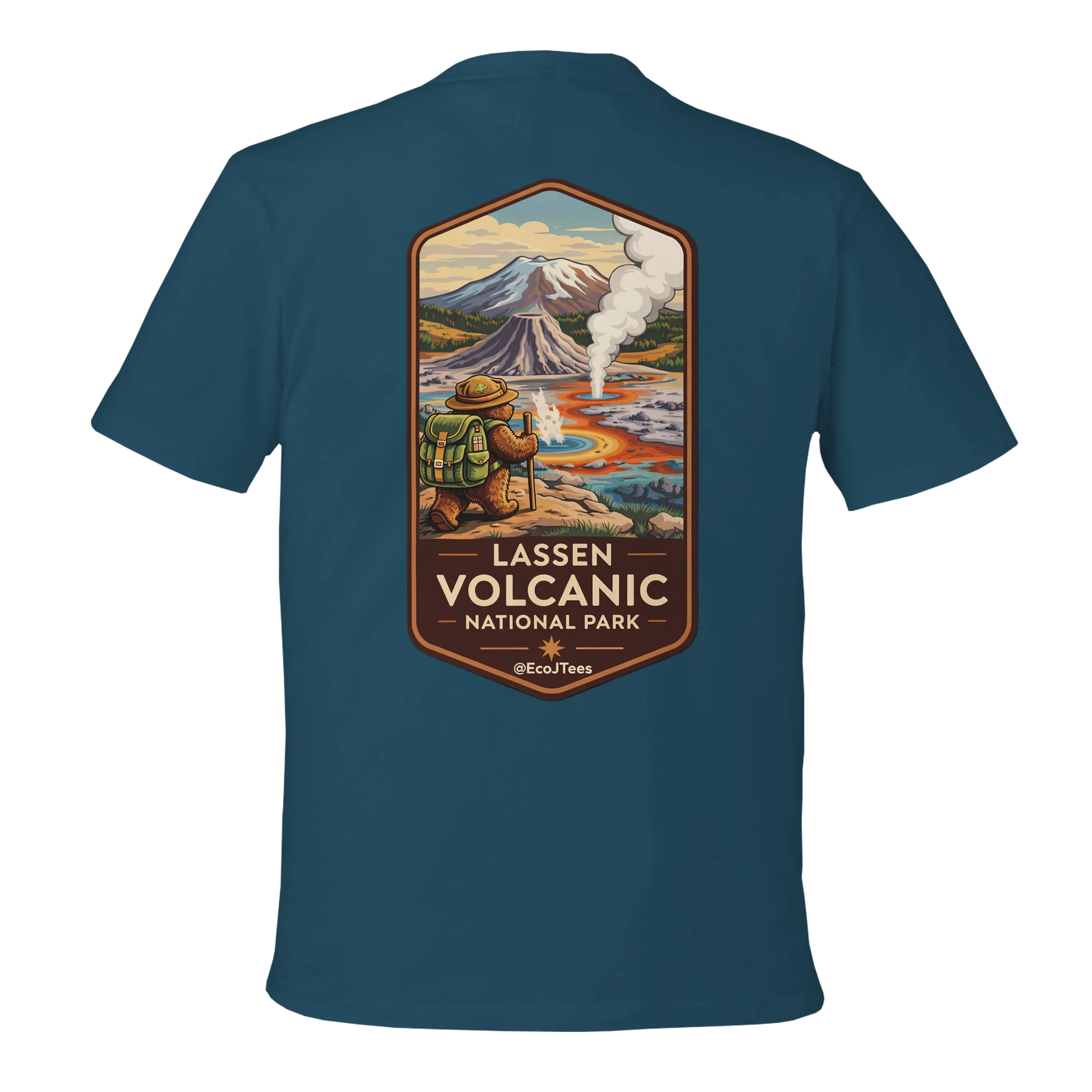 Blue t-shirt with Lassen Volcanic National Park graphic on a white background