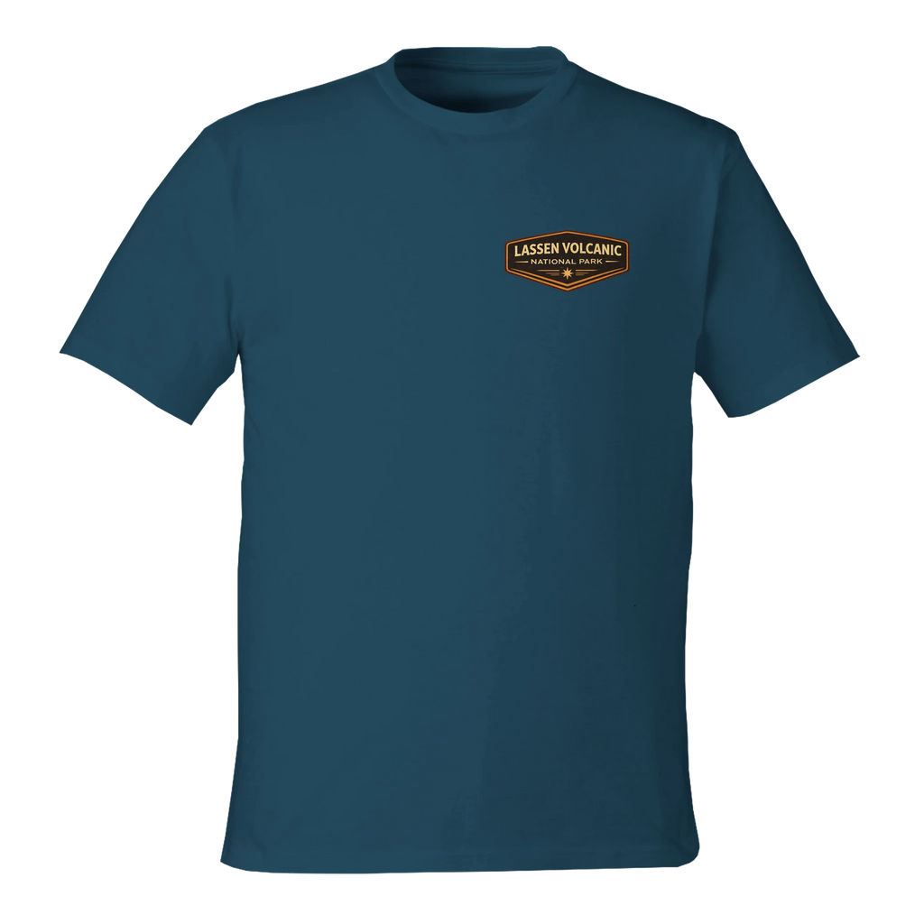 Blue t-shirt with Lassen Volcanic National Park logo on a white background