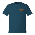 Blue t-shirt with Lassen Volcanic National Park logo on a white background