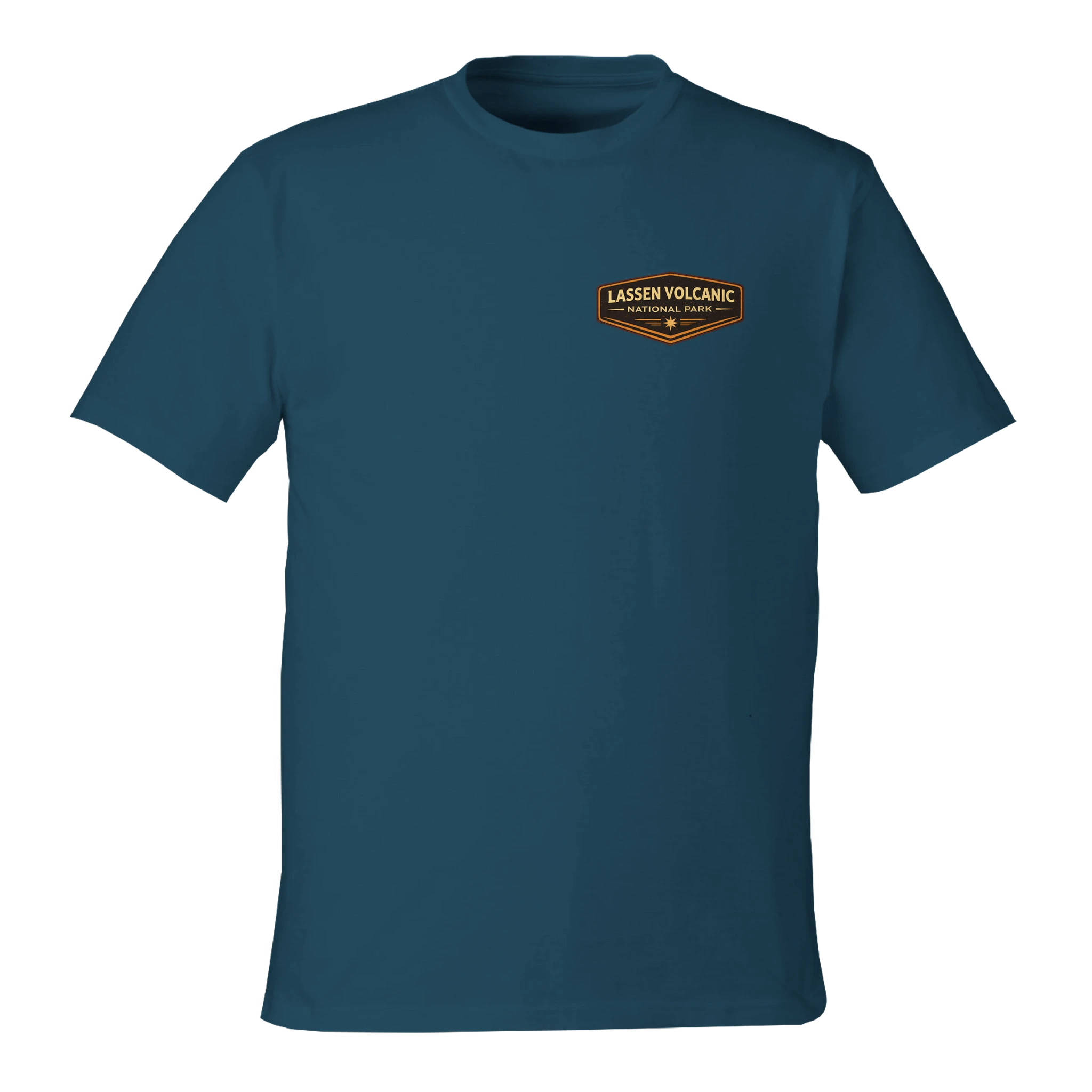 Blue t-shirt with Lassen Volcanic National Park logo on a white background