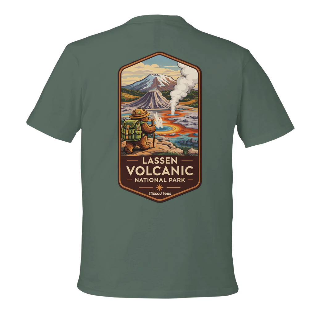 Green t-shirt with Lassen Volcanic National Park graphic on the back