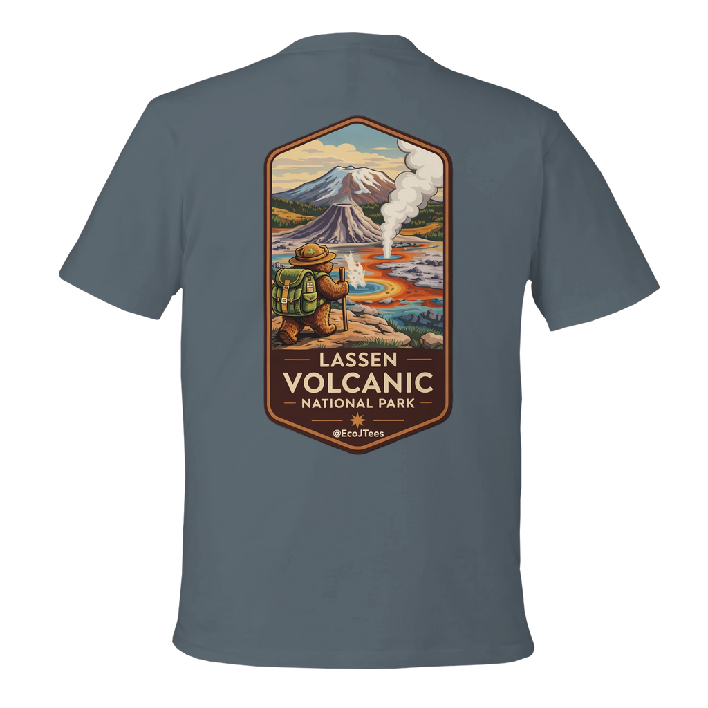 Gray t-shirt with Lassen Volcanic National Park graphic on the back