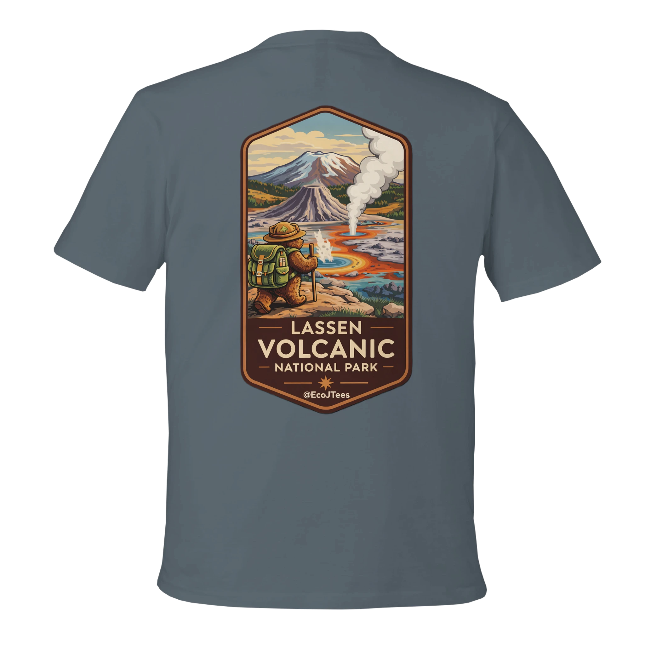 Gray t-shirt with Lassen Volcanic National Park graphic on the back