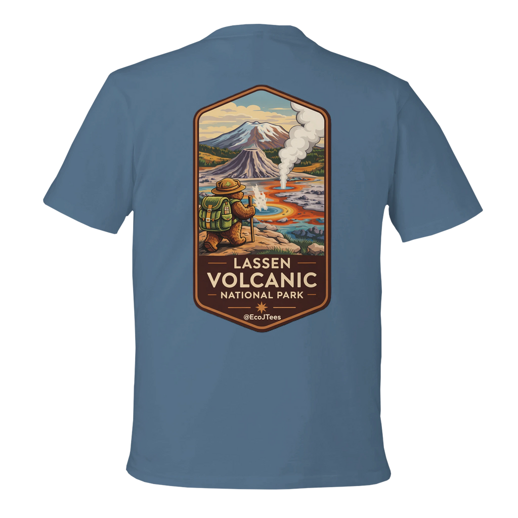 Light Blue t-shirt with Lassen Volcanic National Park graphic on the back