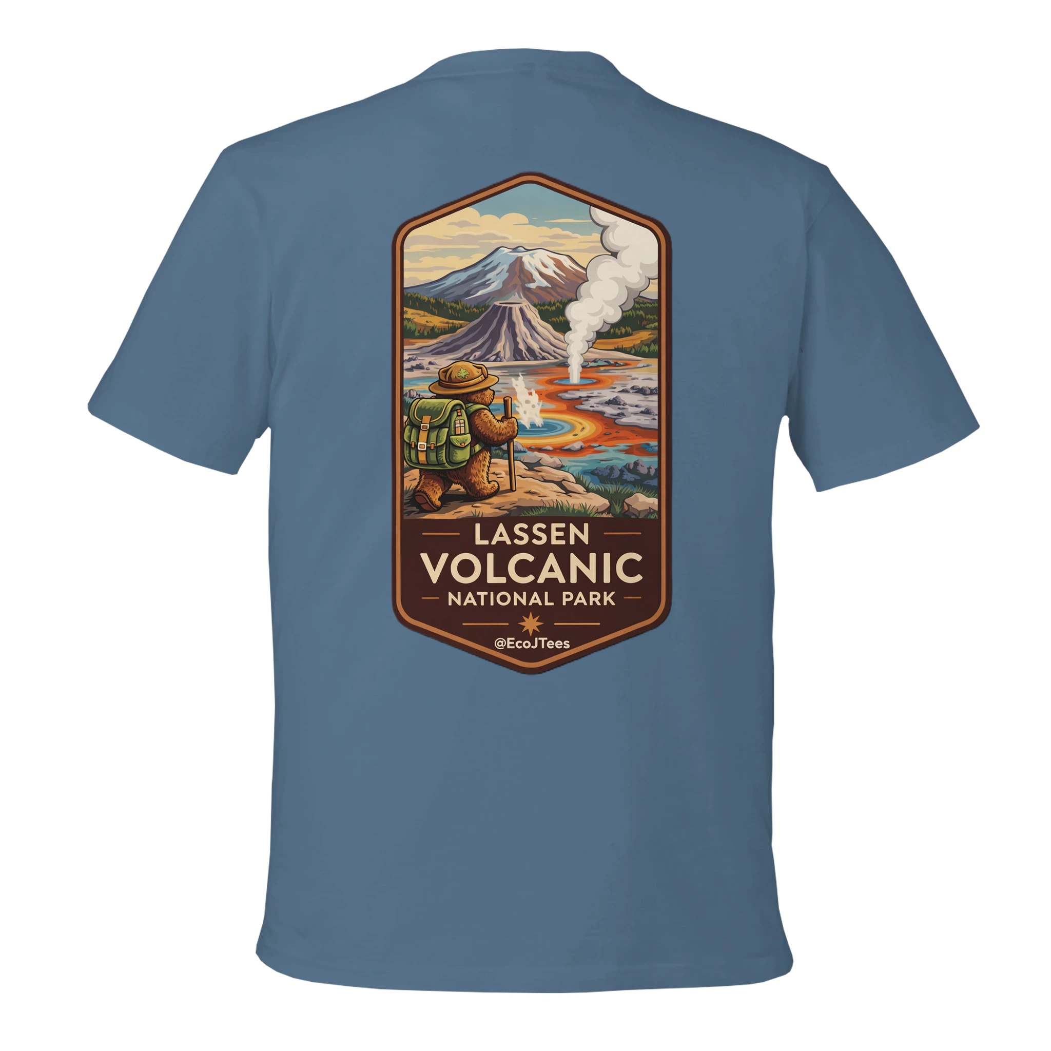 Light Blue t-shirt with Lassen Volcanic National Park graphic on the back