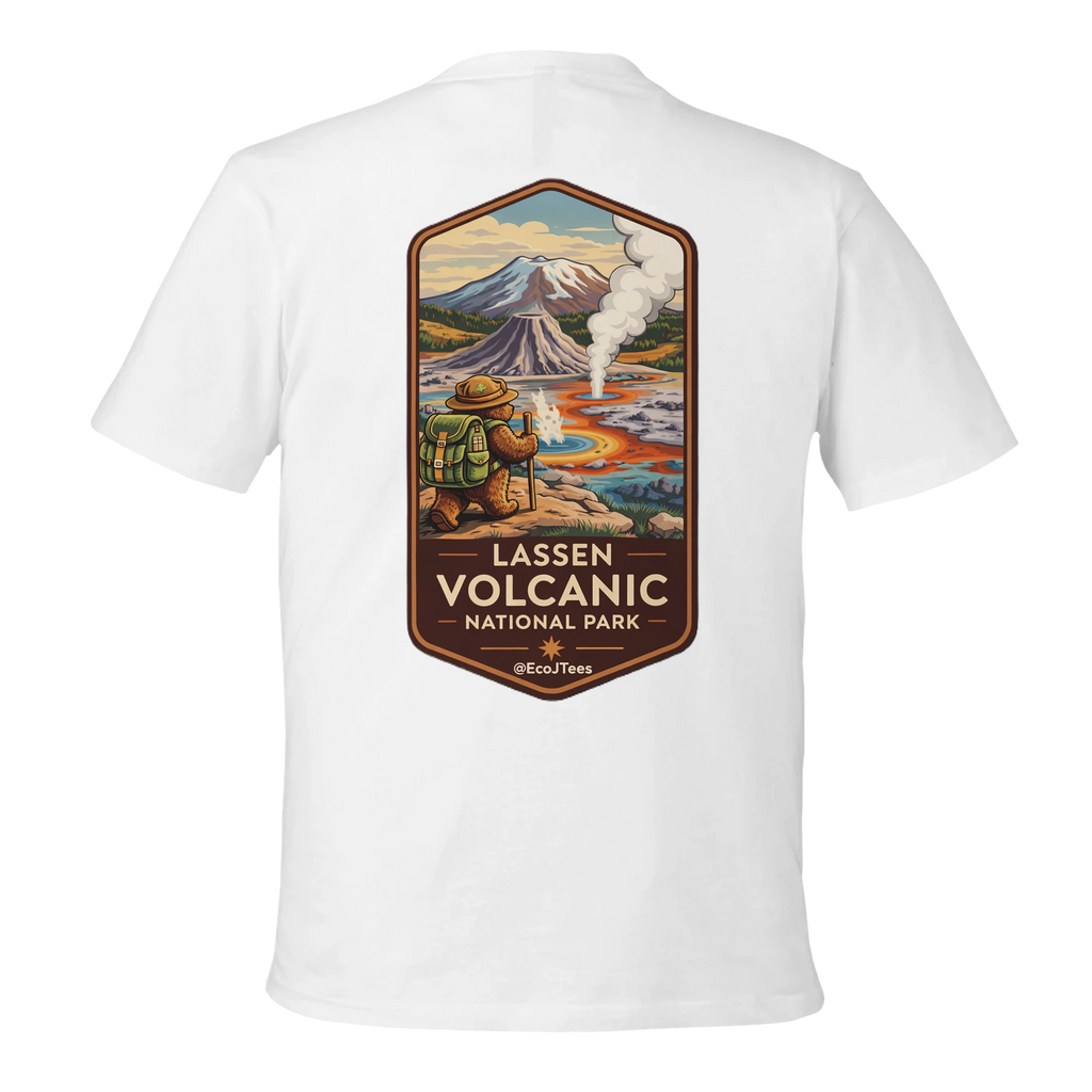 White t-shirt with Lassen Volcanic National Park graphic on a white background