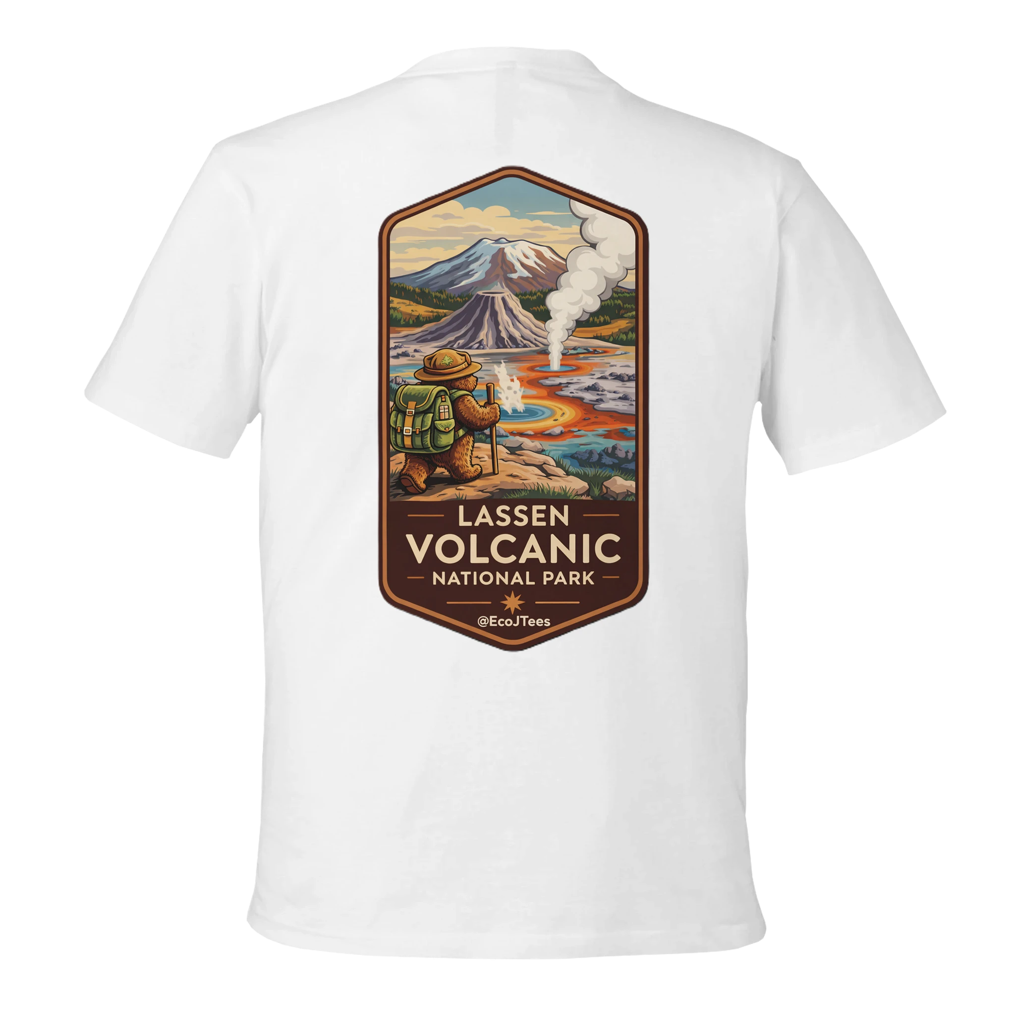 White t-shirt with Lassen Volcanic National Park graphic on a white background