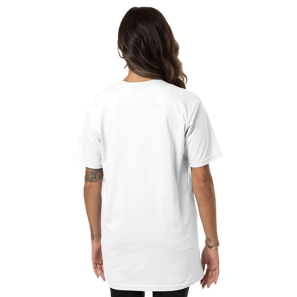 Woman wearing a plain white t-shirt on a white background