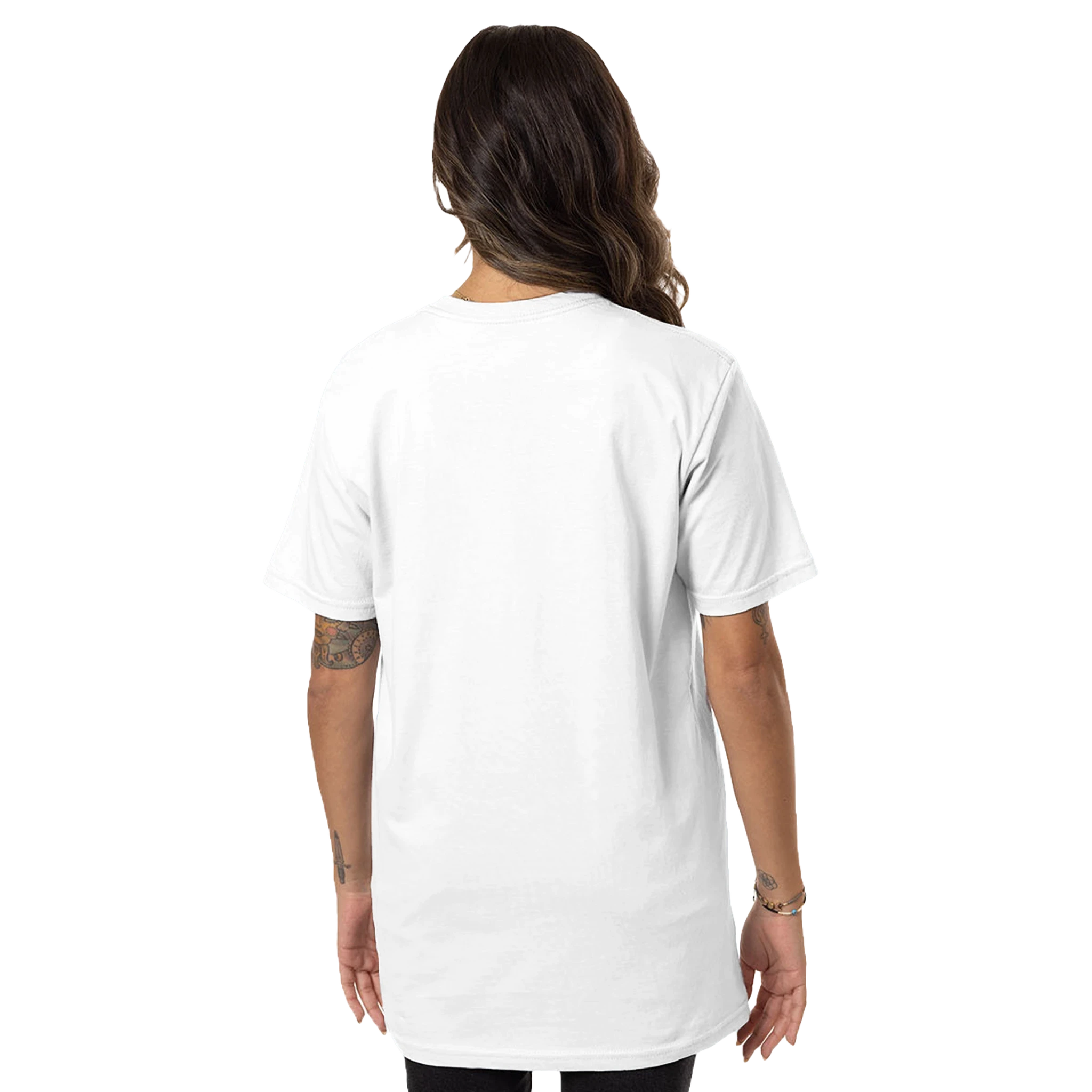 Woman wearing a plain white t-shirt on a white background