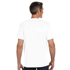 Man wearing a plain white t-shirt on a white background