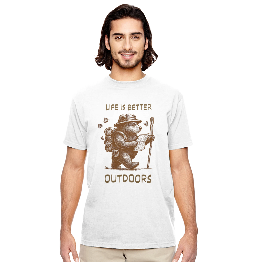A man wearing a white crewneck t-shirt with a brown graphic of a bear hiker and the text 'LIFE IS BETTER OUTDOORS' on a solid white background.