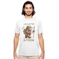 A man wearing a white crewneck t-shirt with a brown graphic of a bear hiker and the text 'LIFE IS BETTER OUTDOORS' on a solid white background.