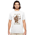 A man wearing a white crewneck t-shirt with a brown graphic of a bear hiker and the text 'LIFE IS BETTER OUTDOORS' on a solid white background.