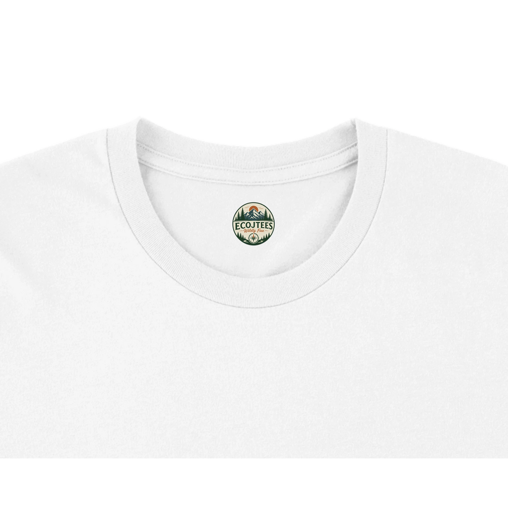White t-shirt with a small logo on the collar against a white background